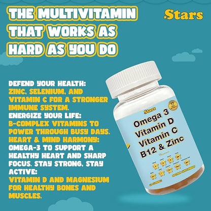 Adult Multivitamin Gummy with Omega 3, Chewable Multivitamin with Selenium, Vitamin A, B, C, D, Biotin, Multivitamin for Women, Multivitamin for Men, 60 Star Shaped Multivitamin Gummies