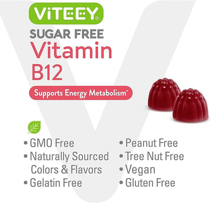 Vitamin B12 Gummies for Adults & Teens 1000mcg, Sugar Free - Good for Energy, Metabolism, Natural Energy Support - Vegan, Gelatin Free, Gluten Free, GMO Free - Tasty Chewable Strawberry Flavored Gummy