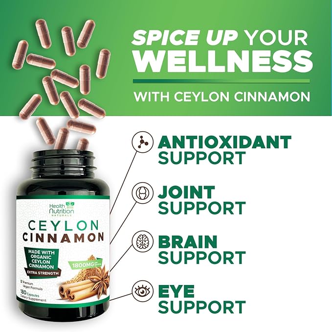 Organic Ceylon Cinnamon Capsules 1800 mg - Pure True Ceylon Cinnamon Powder Supplements, Certified Organic Herbal Supplement, Non-GMO, Gluten Free, Vegan, Antioxidant Pills Supplement - 180 Capsules