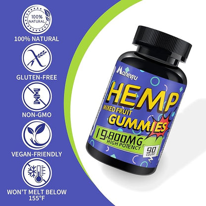 Hemp Gummies High Potency - Pure Extra Strength Organic Hemp Oil Extract - Vegan Non-GMO Formula Edibles, Support Adults Relaxation - Made in USA