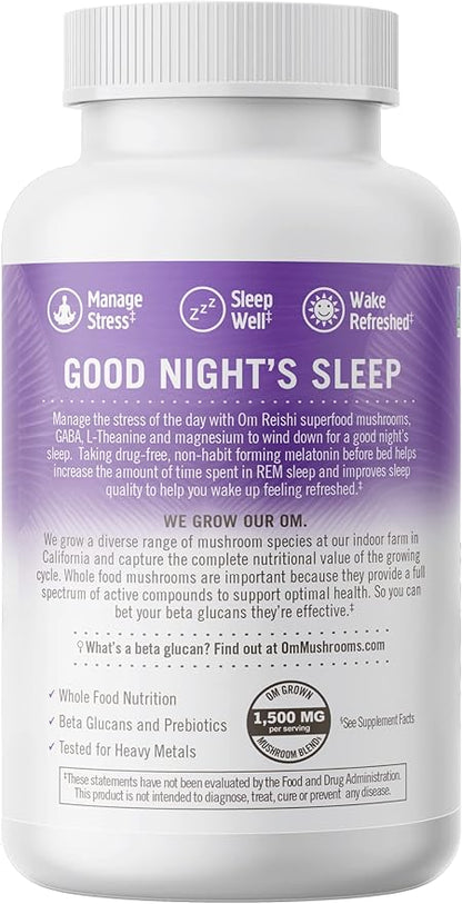 OM MUSHROOM SUPERFOOD Sleep Mushroom Capsules Superfood Supplement, 90 Count, 30 Days, Reishi, GABA, L-Theanine, Melatonin for Rest & Sleep Quality Superfood Supplement