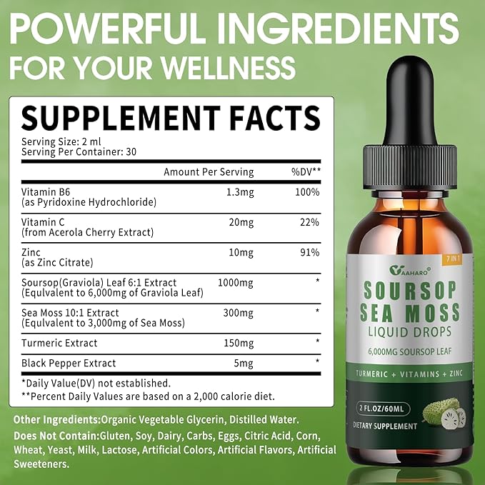 Soursop Graviola Liquid Drops - Organic Soursop Leave Extract with Sea Moss, Vitamin B6&C and Zinc - Soursop Bitters Liquid for Immune Boost, Relax and Sleep - Vegan, Non-GMO, Gluten Free - 2 Fl Oz