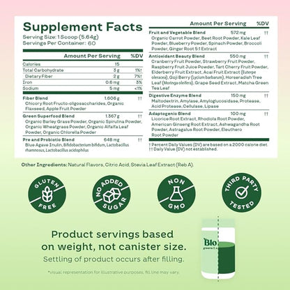 Bloom Nutrition Superfood Greens Powder, Digestive Enzymes with Probiotics and Prebiotics, Gut Health, Bloating Relief for Women, Chlorella, Green Juice Mix w Beet Root Powder, 60 SVG, Strawberry Kiwi