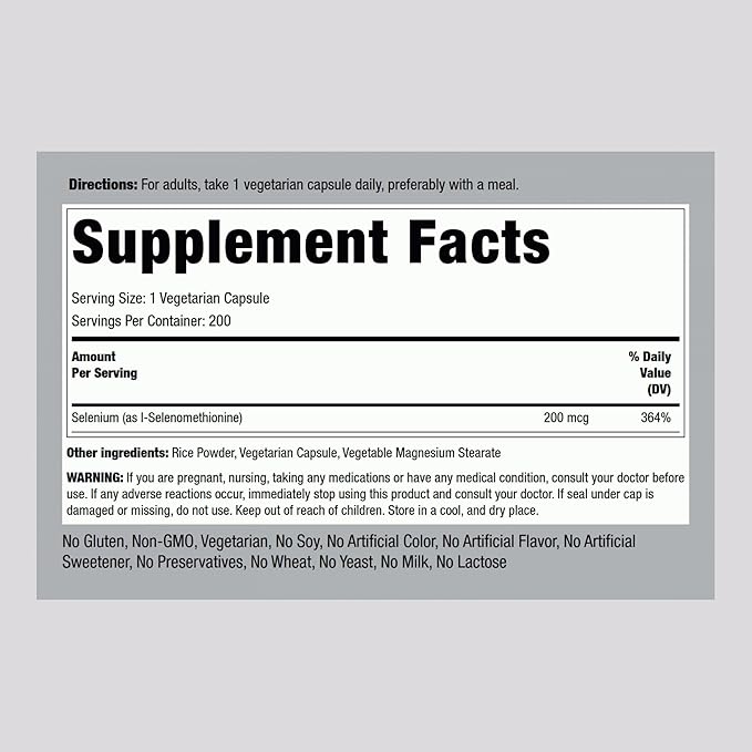 Piping Rock Yeast Free Selenium 200mcg | 200 Capsules | Vegetarian, Non-GMO, Gluten Free Formula