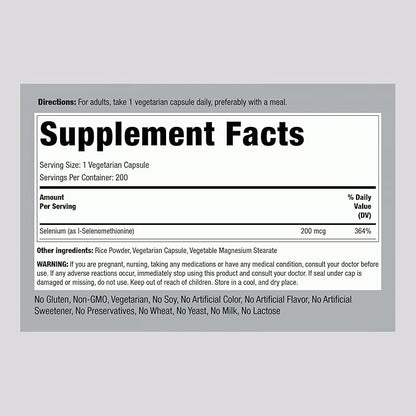 Piping Rock Yeast Free Selenium 200mcg | 200 Capsules | Vegetarian, Non-GMO, Gluten Free Formula