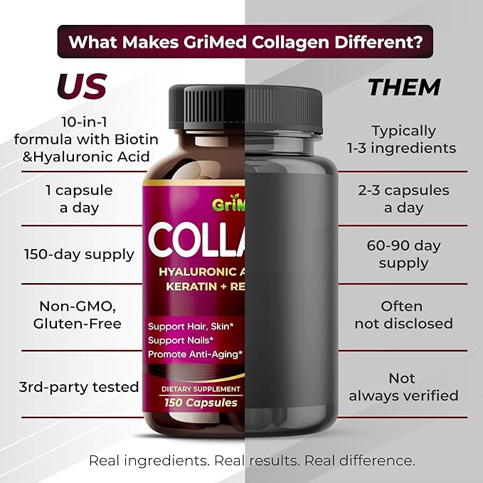 GriMed Organic Collagen 6,419 mg with Hyaluronic Acid, Biotin, Keratin, Resveratrol Hair Skin, Nails Vitamins - Made in The USA (90 Count (Pack of 1))