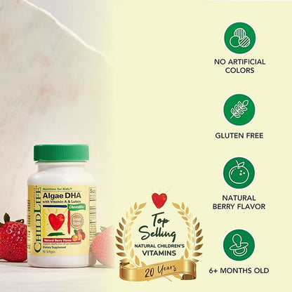 ChildLife Essentials Algae DHA for Kids - Omega 3 Supplement & Fish Oil Alternative - Algae Oil for Toddlers & Children - Natural Berry Flavor, 60 Chewable Softgels