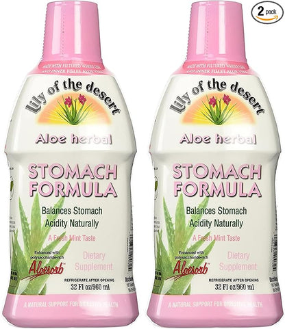 Lily Of The Desert Stomach Formula, Organic Aloe Vera Juice with Slippery Elm, Chamomile, Peppermint, and Ginger for Gut Health, Acid Reflux, Heartburn Relief, 32 Oz (Pack of 2)