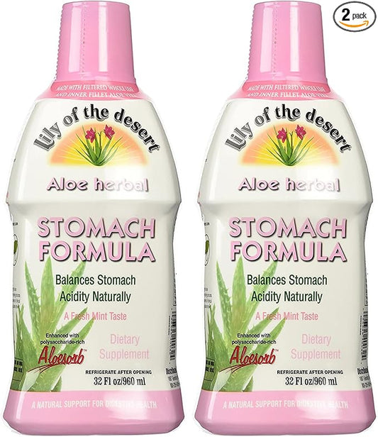 Lily Of The Desert Stomach Formula, Organic Aloe Vera Juice with Slippery Elm, Chamomile, Peppermint, and Ginger for Gut Health, Acid Reflux, Heartburn Relief, 32 Oz (Pack of 2)