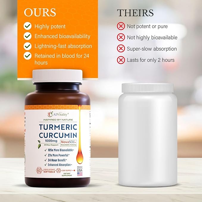 Turmeric Curcumin NovaSOL 1000mg - Nature's Joint Support Supplements - 185x Bioavailable Than Standard Curcumin - Natural Softgels