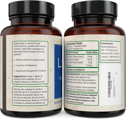 LUNA Kids | #1 Sleep Aid Tablets for Children 4+ and Sensitive Adults | Naturally Sourced Ingredients | 60 x Chewable Pills | Gentle, Herbal Supplement with Chamomile, Melatonin, Valerian & Lemon Balm