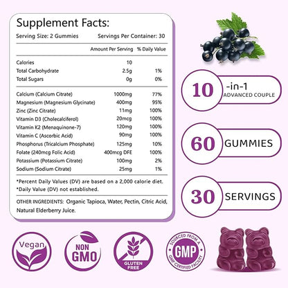 Calcium Magnesium Zinc Gummies with Vitamin C D3 K2, Calcium Gummies for Bone, Muscle, Calm & Zzz Support, High Absorption Formula with Magnesium Zinc Folate Potassium, Elderberry Flavored 60 Counts
