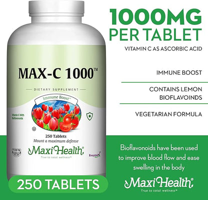Maxi Health 1000 mg Vitamin C - 1000mg Tablets Ultra High Absorption Formula - Gluten Free Kosher Dietary Non GMO Supplement for Immune Support - Vitamin C Tablets from Ascorbic Acid, (250 Count)