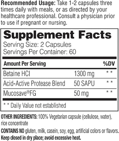 Enzymedica, Betaine HCl, Occasional Heartburn and Indigestion Support, 120 Capsules