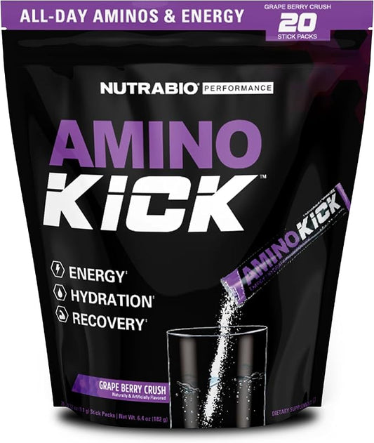 NutraBio – Amino Kick – All in One Performance Formula Energy, Hydration, Recovery 20 Servings, (Grape Berry Crush) – 6g Amino Acids – Support Muscle Building