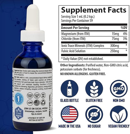 Trace Minerals Ionic Fulvic Acid 250mg - Essential Mineral Supplement to Support Hydration & Energy Production - Aids Muscle Endurance - Liquid Supplement for Healthy Digestion - 2 fl oz (59 Servings)