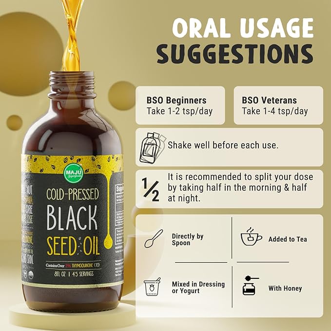 MAJU Black Seed Oil - 3 Times Thymoquinone, Cold-Pressed, 100% Turkish Black Cumin Seed Oil, Liquid Pure Blackseed Oil, Glass Bottle, 8 oz