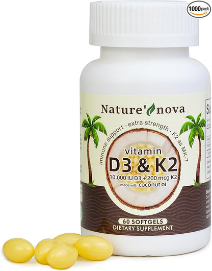 Nature's Nova Vitamin D3 + K2 Softgels for Immune, Bone & Heart Health, 10,000 IU, 60 Count, Non-GMO, Gluten-Free