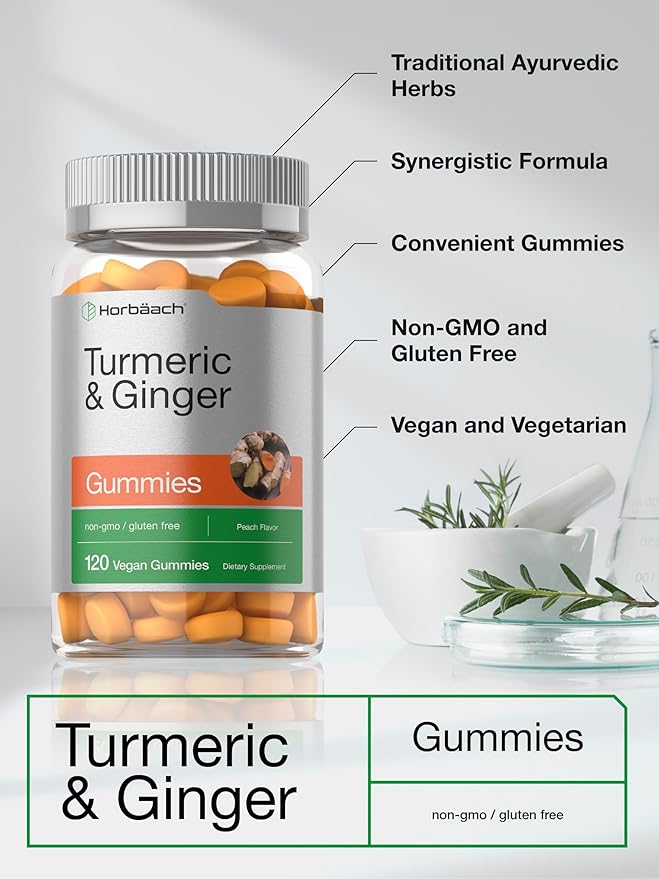 Horbäach Turmeric and Ginger Gummies | 120 Count | Peach Flavor | Vegan Non-GMO & Gluten Free Supplement