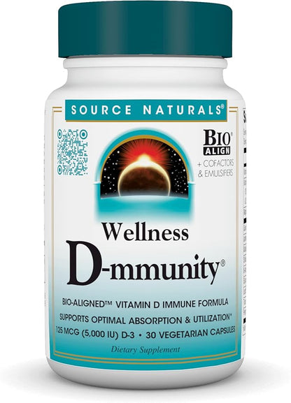 Source Naturals Wellness D-mmunity, Bio-Aligned Vitamin D Immune Formula, Supports Optimal Absorbtion and Utilization*, 125 mcg (5,000 IU) D-3-30 Vegetarian Capsules