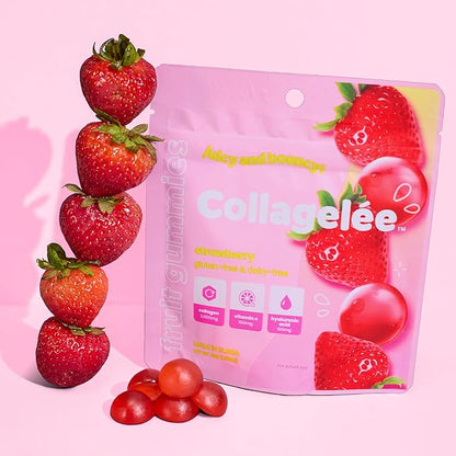 Collagelee Collagen Gummies - Marine Collagen Supplements with Vitamin C, Hyaluronic Acid, & Biotin for Moisturized, Youthful, Plump Skin - Korean Skincare (Strawberry)