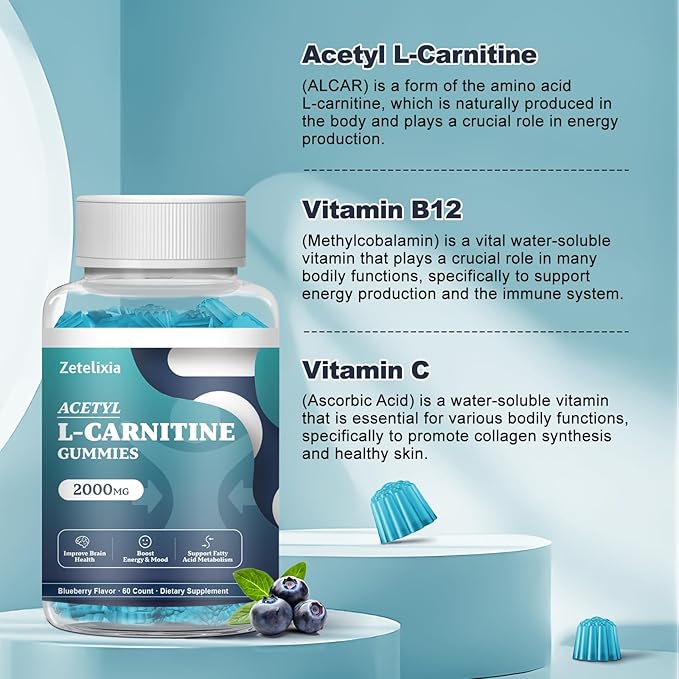 2 Pack Acetyl L-Carnitine Gummies, L-Carnitine Supplement for Women & Men, with Vitamin C & B12, ALCAR for Energy, Brain & Heart Health Support, Vegan, Non-GMO, Sugar Free, 120 Count