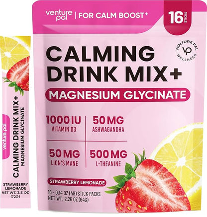 Venture Pal Magnesium Glycinate Powdered Drink Mix with Ashwagandha, Vitamin D, L-Theanine, Lions Mane, Sugar Free Magnesium Supplement Blend for Calm, Relax & Focus, Non GMO, Vegan, 16 Sticks