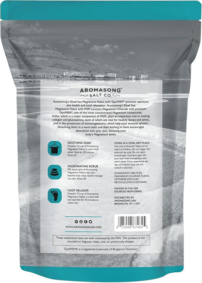 Aromasong RAW Magnesium Flakes + OptiMSM for Soaking 14 Oz. Resealable Pack - Muscle Relaxing Organic Bath Salts Magnesium Chloride Flakes.