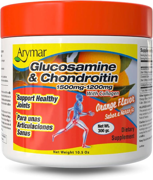 Arymar Glucosamine & Chondroitin 1500mg-1200mg with Collagen, Supports Joint Health, Orange Flavor