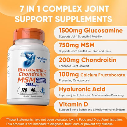 Glucosamine Chondroitin MSM+ Vitamin D3 | 2568mg | Joint Support Supplement, Shellfish Free, Helps with Inflammatory Response Care for Joints, Enhance Flexibility & Bone, Non-GMO,47