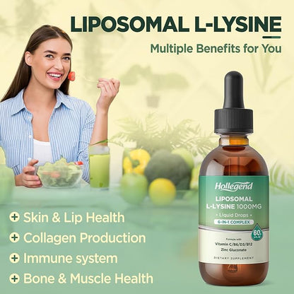 Liposomal L-lysine 1000MG Liquid Drops, Lysine Supplement for Women & Kids with Vitamin C, B6, D3, B12 &Zinc Gluconate, Skin & Lip Health, Immune & Collagen Production Support, Lemon Flavor, 2 fl oz