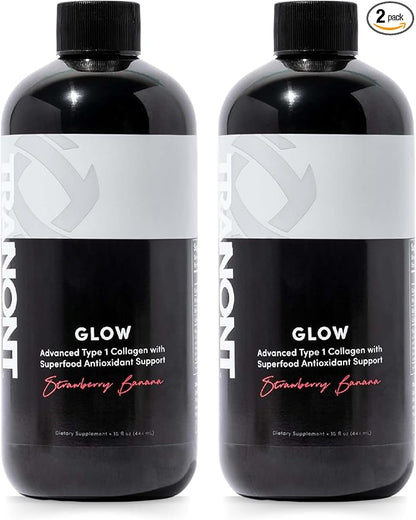 Tranont Glow | Strawberry Banana | 2 Pack | Type 1 Collagen with Superfood Antioxidant Support | for Hair, Skin, Nails & Joints | Liquid Collagen with Hyaluronic Acid & Peptides | 30 Fl Oz