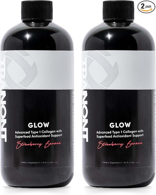 Tranont Glow | Strawberry Banana | 2 Pack | Type 1 Collagen with Superfood Antioxidant Support | for Hair, Skin, Nails & Joints | Liquid Collagen with Hyaluronic Acid & Peptides | 30 Fl Oz
