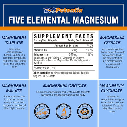 Magnesium Breakthrough Supplement - Has 5 Forms of Magnesium: Glycinate, Orotate,Taurate,Malate, Citrate- Support Stress Relief, Sleep, Heart Health, Nerves, Muscles, and Metabolism (60 Capsules)