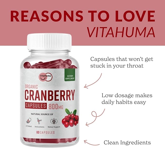 Organic Cranberry Extract Capsules, 800 MG Per Serving, Whole Fruit Cranberry & Cran-Max, Natural Source of Proanthocyanidins (PACs), Antioxidants & Nutrients, Vegan, Non GMO, 60 Capsules