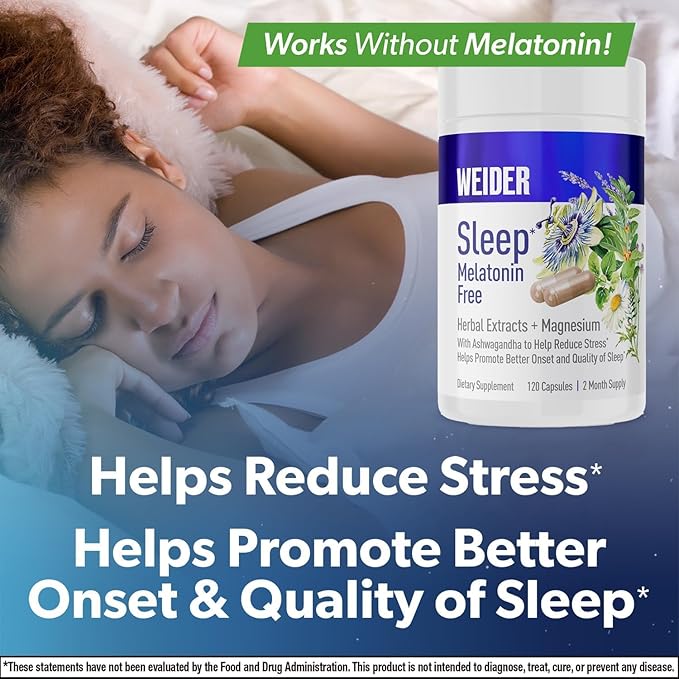 Weider Melatonin Free Sleep Aid Supplement with KSM-66 Ashwagandha, Magnesium, Lavender, Lemon Balm, Chamomile, Valerian and Passionflower Extracts, Hormone & Drug- Free, Non-Habit Forming, 120ct