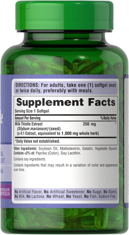 Puritan's Milk Thistle 4:1 Extract 1000mg 180 Softgels (Silymarin) Liver Health