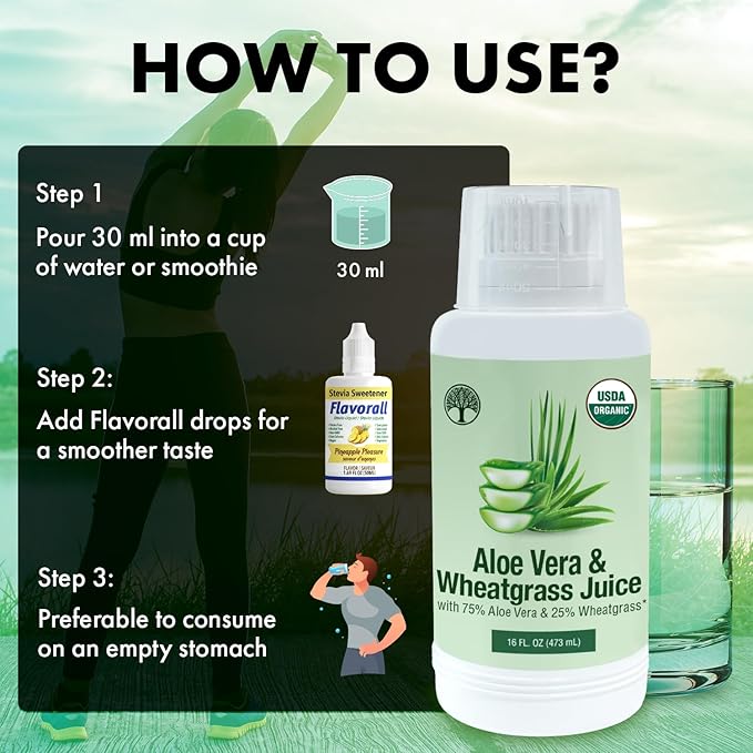 Aloe Vera & Wheatgrass Juice with Flavorall: USDA Certified Aloe Juice Shots - 30-Day Supply for Gut Detox, Immunity & Clear Skin, 75%-25% Highly Potent Concentration (Pineapple)
