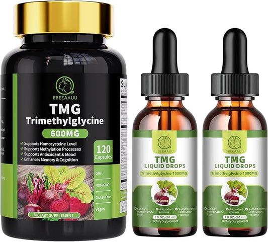 (2 Pack) TMG (Trimethylglycine) Supplement Liquid Drops & TMG (Trimethylglycine) Supplement Capsules