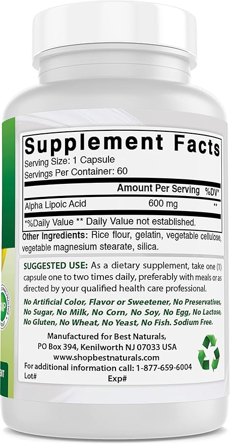 Best Naturals Alpha Lipoic Acid 600 mg 60 Capsules - ALA Powerful Antioxidant (60 Count (Pack of 3))