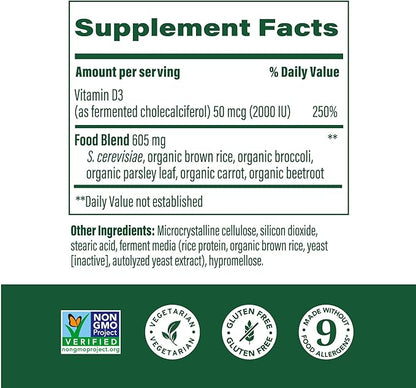 MegaFood Vitamin D3 2000 IU (50 mcg) - Vitamin D Supplements with Real Food, Immune Support, Supports Bones, Teeth & Muscles, Vegetarian, Certified Non-GMO, Kosher – 60 Tablets, 60 Servings