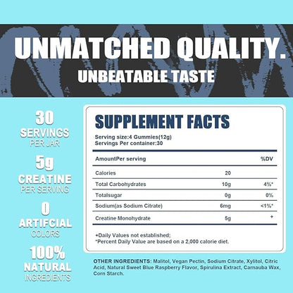 5g Creatine Monohydrate Per Serving - No Sugar or Artificial Colors - Low-Calorie, Vegan & Halal - Blue Raspberry Flavor - 30 Gummies (2PCS)