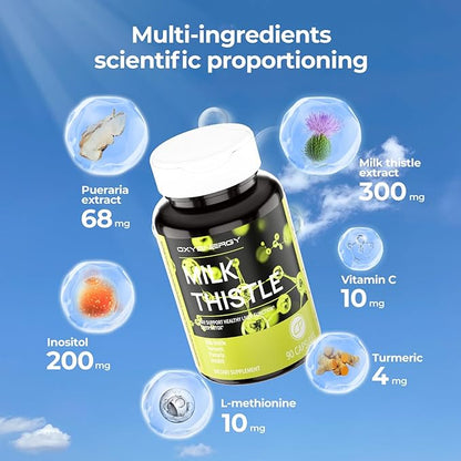 OxyEnergy Silymarin Milk Thistle 300mg Extract with Vitamin C, Inositol & Pueraria, Liver Detox & Repair Support, Antioxidant Support,90 Capsules, Pack of 5