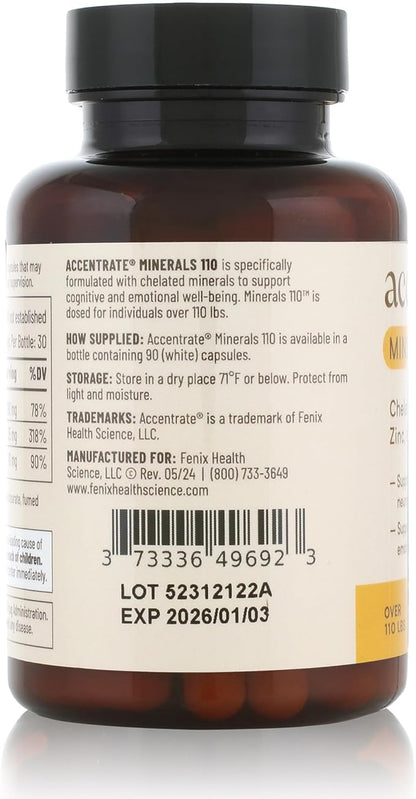 Accentrate Minerals 110 - Brain Ready Nutrition for Teens and Adults – Chelated Magnesium, Zinc, Iron – Mental Wellness Mineral Supplement for Focus, Mood & Brain Support – 90 Capsules