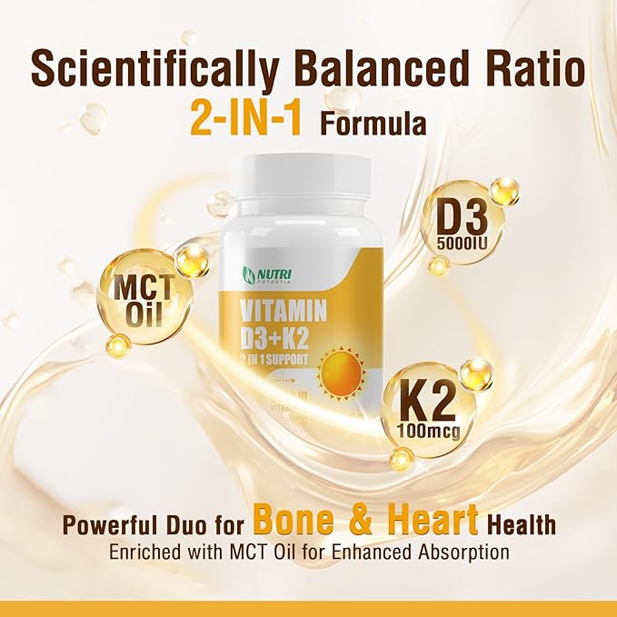 Vitamin D3 K2 Supplement with MCT Oil, Vitamin D3 5000 IU and K2 100 mcg Softgel, Bone and Heart Health Support Supplement, Gluten Free - 90 Count Softgels