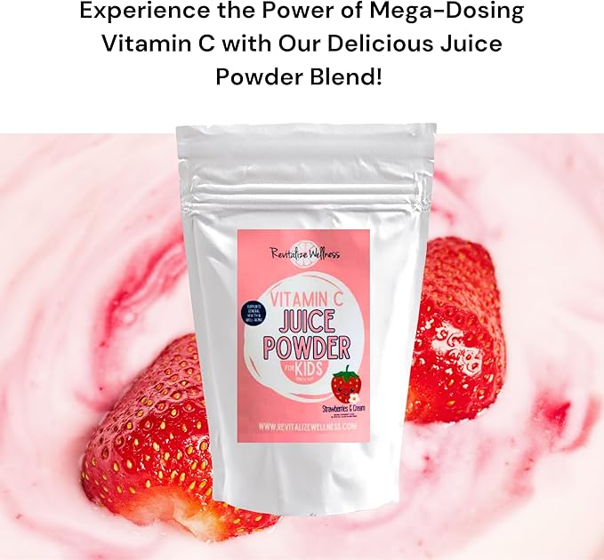 Vitamin C Juice Powder | 1000 mg Vitamin C as Ascorbic Acid per Serving | No Sugar Added | Strawberries & Cream Flavor | 120 Servings