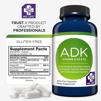 MD.LIFE A D K Vitamin Supplement - Vitamin D3 K2 and A - 120 Capsules - Bone Health and Heart Health Support – High Potency Vitamin ADK Supplement - ADK Complex