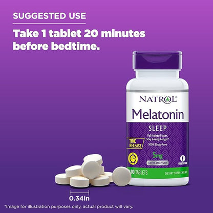 Natrol Melatonin 5 mg with Vitamin B-6 10 mg Time Release Sleep Aid Tablets, 100 Servings, Fall Asleep Faster & Stay Asleep Longer, Controlled Release, Drug Free Dietary Supplement, (Pack of 2)