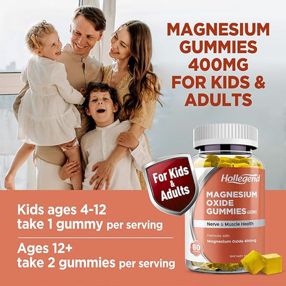 Magnesium Oxide 400mg Gummies, Magnesium Oxide Chewable Supplement for Muscle, Nerve & Heart Health, Vegan, Pinapple Flavor, 60 Count