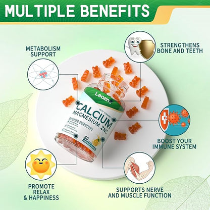 Calcium Magnesium Zinc Gummies with Vitamin D3 & K2 - High Potency Enhanced Absorption -60 Orange Gummies Flavored